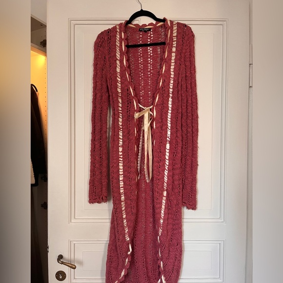 Betsey Johnson Sweaters - Betsey Johnson Vintage Pink Long Cardigan with Lace Ribbon Crochet Knit